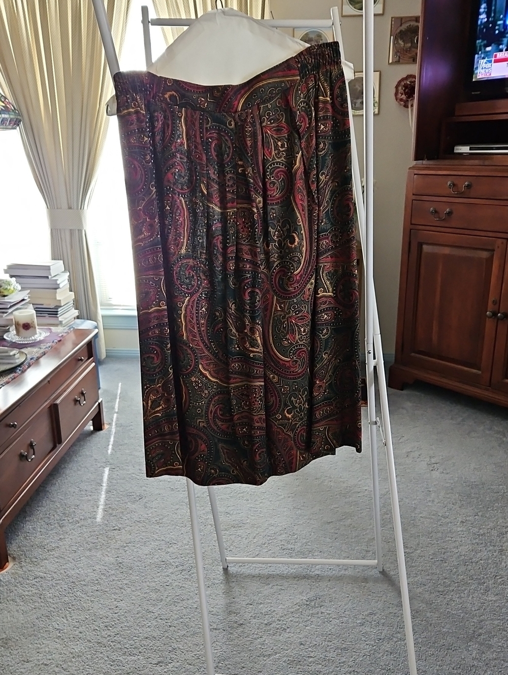 Paisley A-Line Midi Skirt in Burgundy Grey and Gold